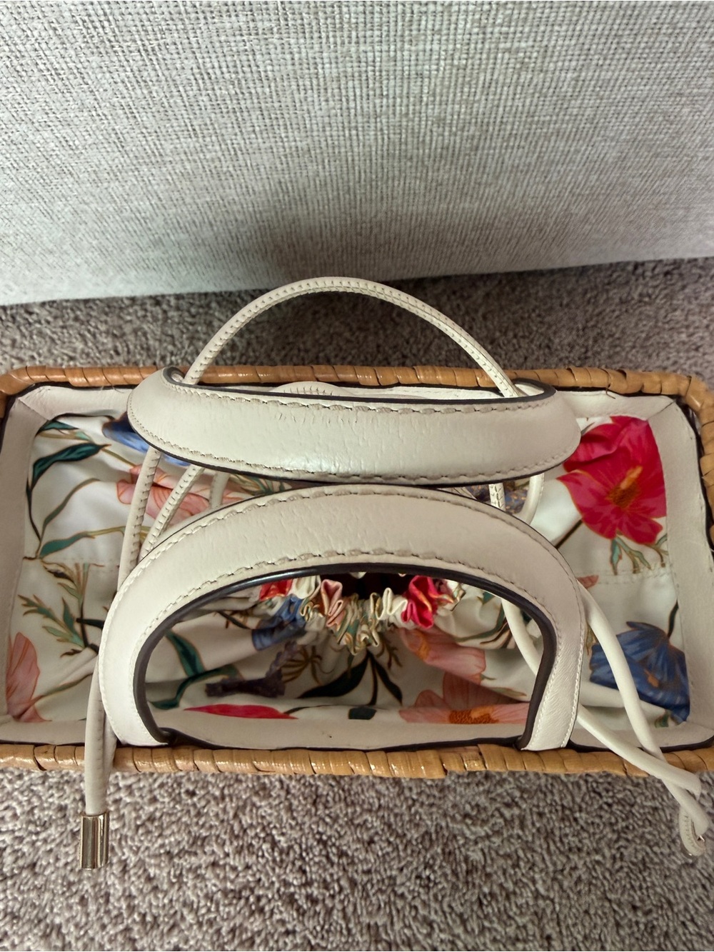 Kate Spade NY Woven Wicker bucket satchel bag floral canvas drawstring liner - Picture 14 of 16